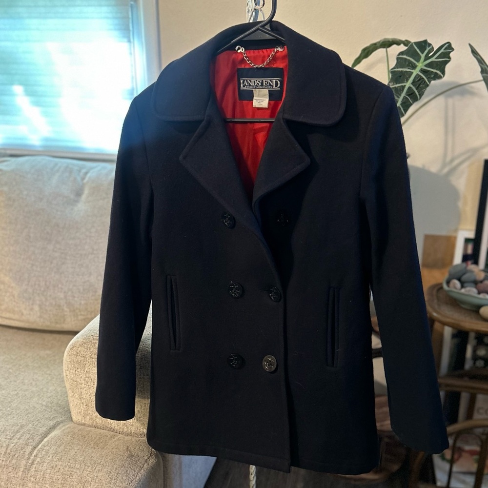 Lands' End Women’s size 10 Doublebreasted Wool Black Coat made in USA